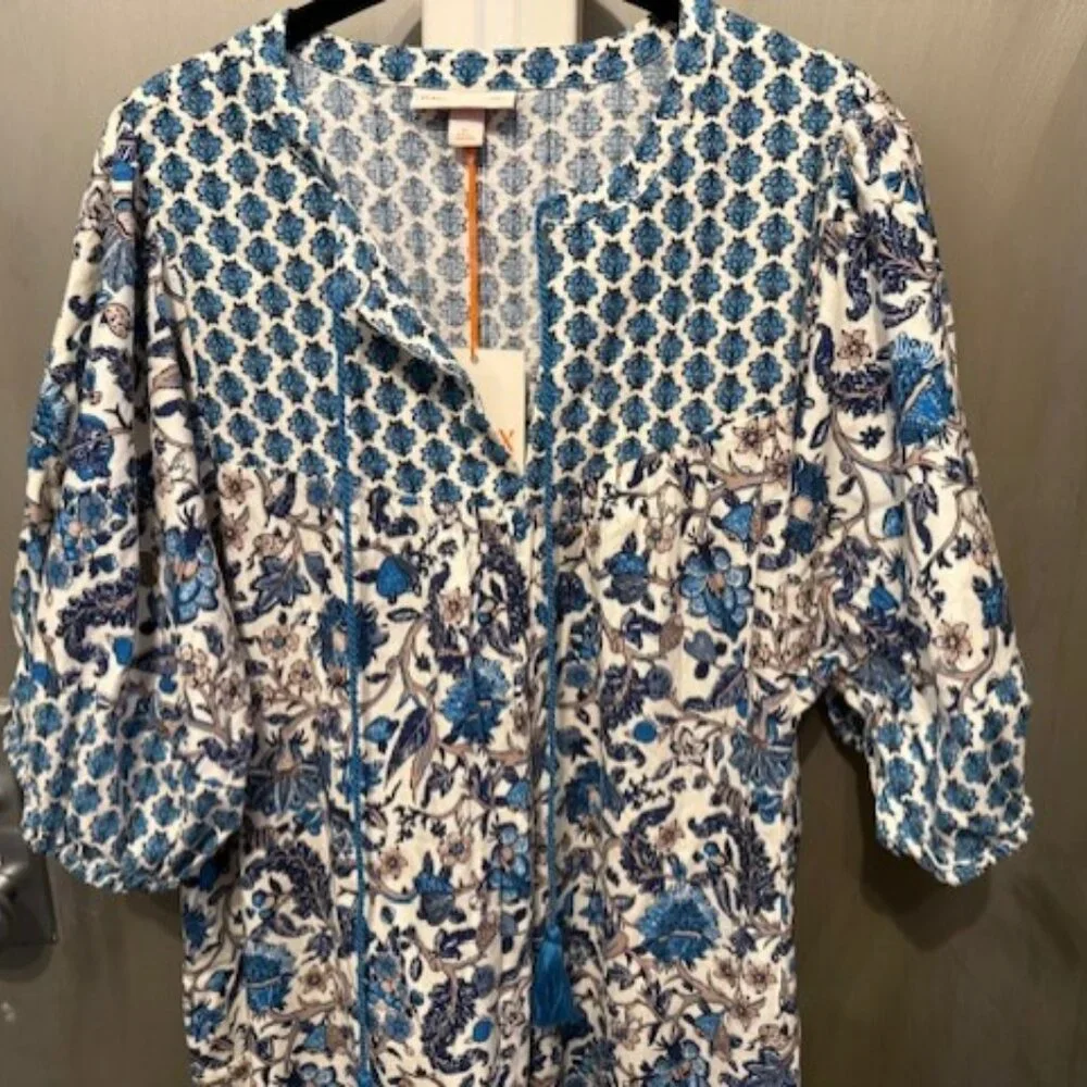 Retro Puff Sleeve Blue Bohemian Floral Tassel Tie Dress - Picture 7 of 16